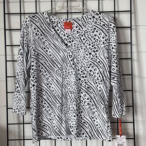 Hearts of Palm‎ 3/4 Sleeve Faux Wrap Blouse Womens M Black White Casual NWT